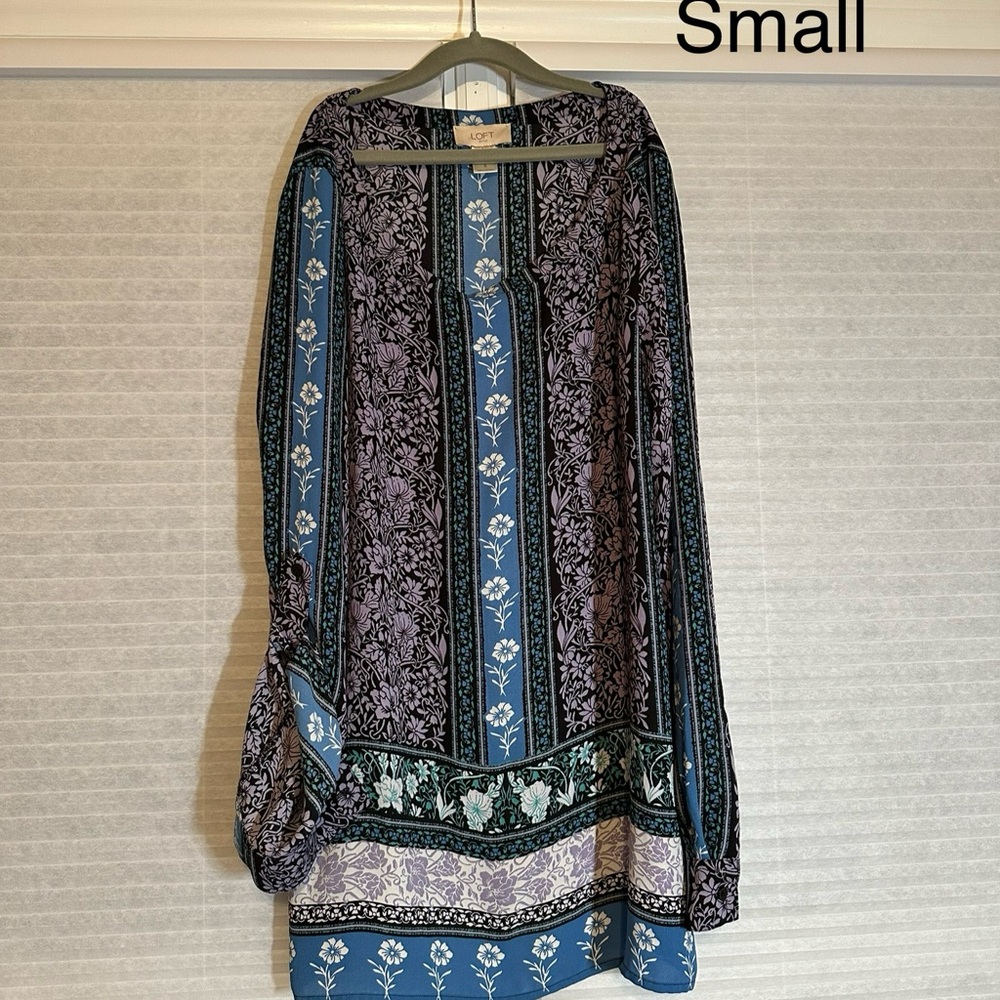 LOFT Long Sleeve Dress with Blue and Purple Floral Design